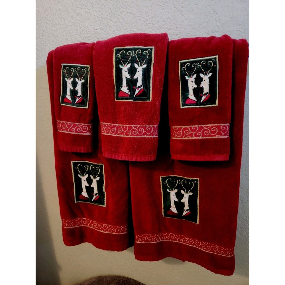 Vtg Velour Bath Towel Set Christmas Elegant Deer Saturday Knight Ltd Maroon Red